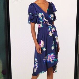 DKNY Navy Floral Wrap Dress with Tie Waist Size 4